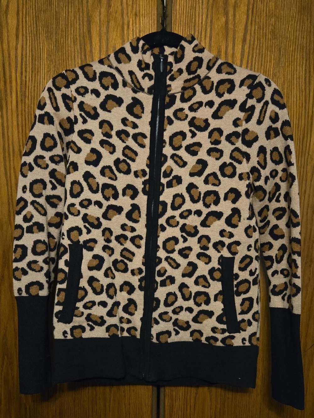 Rachel Zoe Leopard Zip-Front Cardigan Sweater in Beige & Black XS